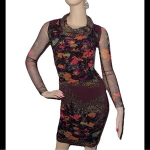 Jean Paul Gaultier Soleil Long sleeve floral cowl neck mesh dress bodycon XS